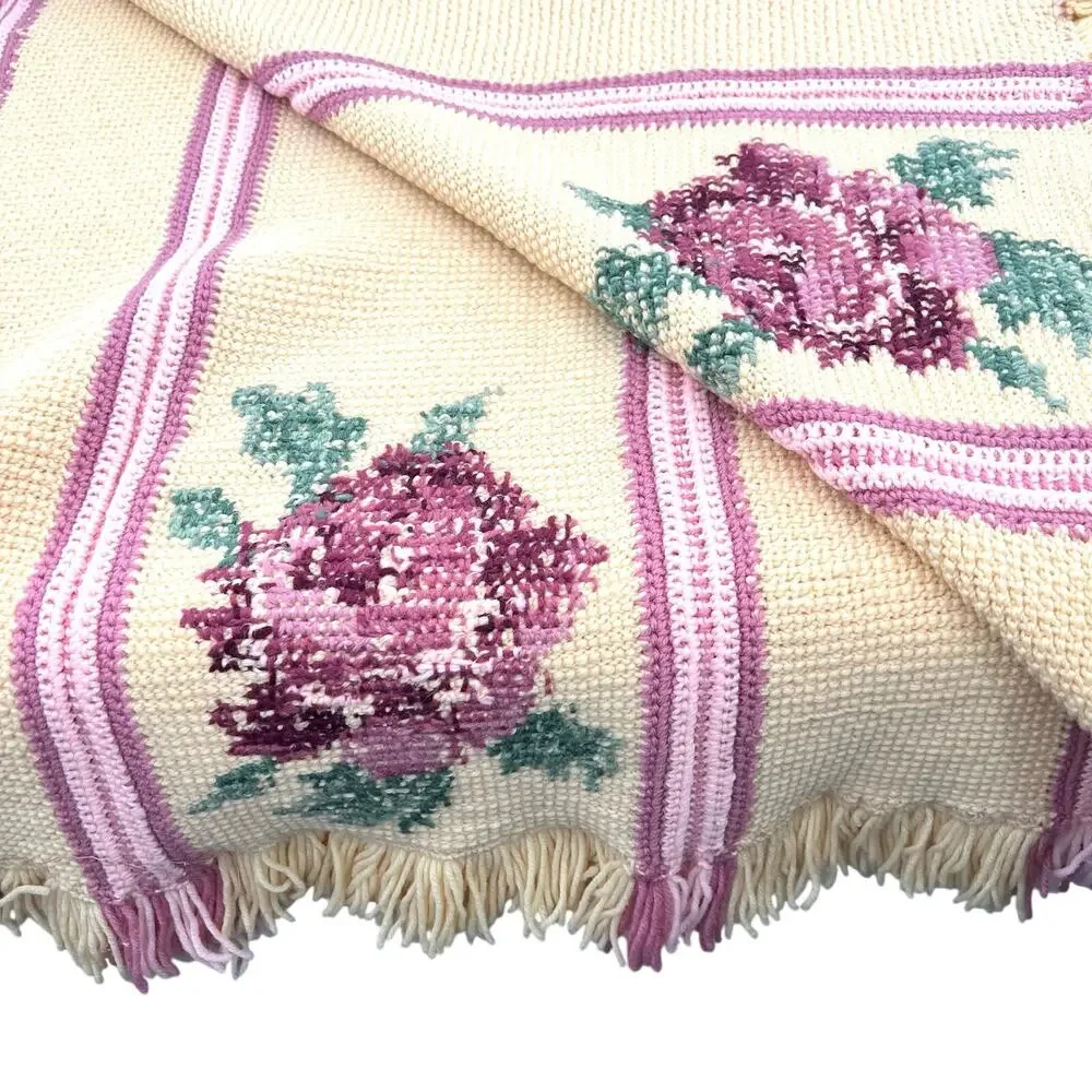 Vintage hand knitted cross stitch embroidered roses stripes wool throw blanket